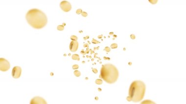Beyaz arka planda bir sürü soya fasulyesi uçuruyor. Açık kahverengi tanecikler. Soya fasulyesi ve soya fasulyesi. Sağlıklı yiyecekler. Dönen soya fasulyelerinin 3 boyutlu döngü animasyonu.