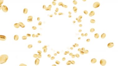 Beyaz arka planda bir sürü soya fasulyesi uçuruyor. Açık kahverengi tanecikler. Soya fasulyesi ve soya fasulyesi. Sağlıklı yiyecekler. Dönen soya fasulyelerinin 3 boyutlu döngü animasyonu.
