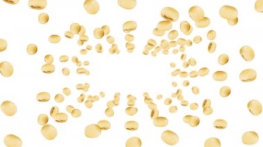 Beyaz arka planda bir sürü soya fasulyesi uçuruyor. Açık kahverengi tanecikler. Soya fasulyesi ve soya fasulyesi. Sağlıklı yiyecekler. Dönen soya fasulyelerinin 3 boyutlu döngü animasyonu.
