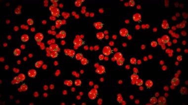 Siyah arka planda bir sürü taze domates uçurmak. Organik sebzeler. Olgun sulu vişneli domatesler. Domates dönüşünün 3 boyutlu döngü animasyonu.