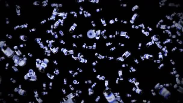 黒の背景に多くのワクチンボトルを飛んでいます 医学的概念 ウイルス治療だ 透明な液体だ ワクチンの3Dループアニメーション — ストック動画