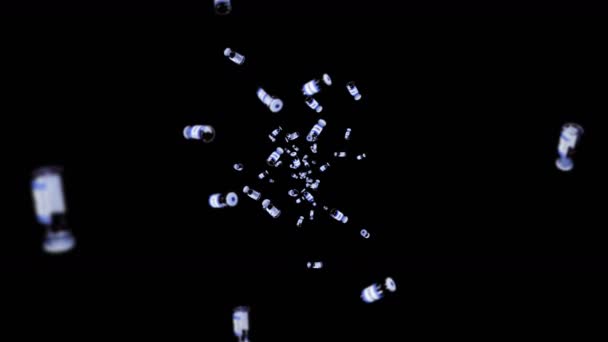 在黑色背景下飞行许多疫苗瓶 医学概念 病毒治疗 透明的液体 疫苗3D循环动画 — 图库视频影像