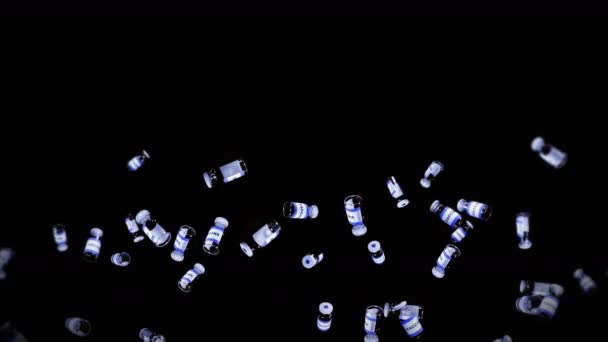 Много Бутылок Вакциной Черном Фоне Медицинская Концепция Вирусное Лекарство Прозрачная — стоковое видео