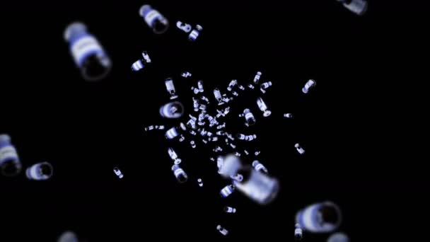 Viele Impfflaschen Fliegen Auf Schwarzem Hintergrund Medizinisches Konzept Virusheilung Transparente — Stockvideo