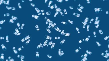 Mavi arka planda bir sürü aşı şişesi uçurmak. Tıbbi konsept. Virüs tedavisi. Şeffaf sıvı. Aşıların 3 boyutlu döngü animasyonu.