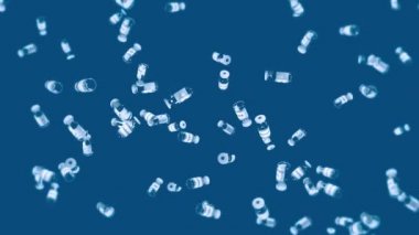Mavi arka planda bir sürü aşı şişesi uçurmak. Tıbbi konsept. Virüs tedavisi. Şeffaf sıvı. Aşıların 3 boyutlu döngü animasyonu.