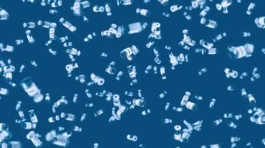 Mavi arka planda bir sürü aşı şişesi uçurmak. Tıbbi konsept. Virüs tedavisi. Şeffaf sıvı. Aşıların 3 boyutlu döngü animasyonu.