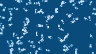 Mavi arka planda bir sürü aşı şişesi uçurmak. Tıbbi konsept. Virüs tedavisi. Şeffaf sıvı. Aşıların 3 boyutlu döngü animasyonu.