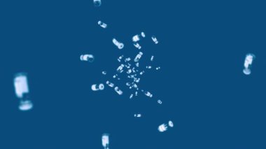 Mavi arka planda bir sürü aşı şişesi uçurmak. Tıbbi konsept. Virüs tedavisi. Şeffaf sıvı. Aşıların 3 boyutlu döngü animasyonu.