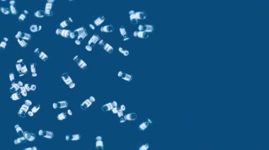 Mavi arka planda bir sürü aşı şişesi uçurmak. Tıbbi konsept. Virüs tedavisi. Şeffaf sıvı. Aşıların 3 boyutlu döngü animasyonu.