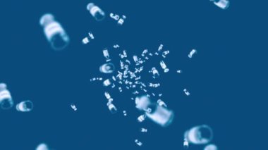 Mavi arka planda bir sürü aşı şişesi uçurmak. Tıbbi konsept. Virüs tedavisi. Şeffaf sıvı. Aşıların 3 boyutlu döngü animasyonu.