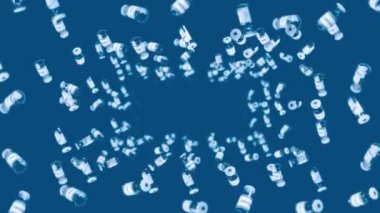 Mavi arka planda bir sürü aşı şişesi uçurmak. Tıbbi konsept. Virüs tedavisi. Şeffaf sıvı. Aşıların 3 boyutlu döngü animasyonu.