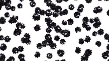 Beyaz arka planda çizgi film karakteri içinde bir sürü virüs uçurmak. Tıbbi konsept. Kızgın siyah virüs maskotu. 3B döngü canlandırması.