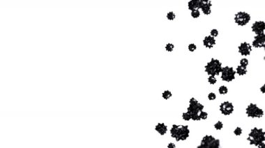 Beyaz arka planda çizgi film karakteri içinde bir sürü virüs uçurmak. Tıbbi konsept. Kızgın siyah virüs maskotu. 3B döngü canlandırması.