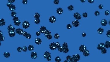Mavi arka planda çizgi film karakteri içinde bir sürü virüs uçurmak. Tıbbi konsept. Kızgın siyah virüs maskotu. 3B döngü canlandırması.