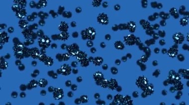 Mavi arka planda çizgi film karakteri içinde bir sürü virüs uçurmak. Tıbbi konsept. Kızgın siyah virüs maskotu. 3B döngü canlandırması.