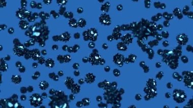 Mavi arka planda çizgi film karakteri içinde bir sürü virüs uçurmak. Tıbbi konsept. Kızgın siyah virüs maskotu. 3B döngü canlandırması.