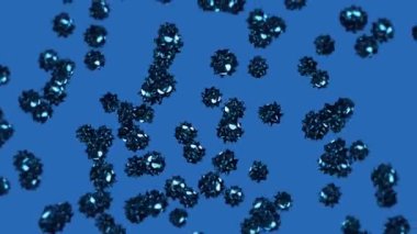 Mavi arka planda çizgi film karakteri içinde bir sürü virüs uçurmak. Tıbbi konsept. Kızgın siyah virüs maskotu. 3B döngü canlandırması.