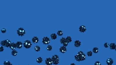 Mavi arka planda çizgi film karakteri içinde bir sürü virüs uçurmak. Tıbbi konsept. Kızgın siyah virüs maskotu. 3B döngü canlandırması.