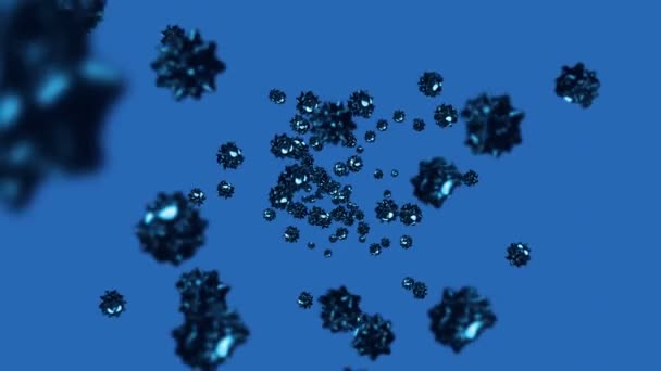 青い背景に漫画のキャラクターで多くのウイルスを飛んでいます 医学的概念 怒って面白い黒ウイルスマスコット 3Dループアニメーション — ストック動画