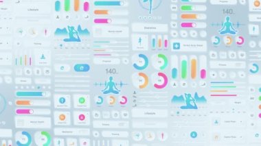 Yoga uygulamasının yaratıcı tasarımı. Neumorfizm. Merhaba teknoloji paneli. Spor ve egzersiz konsepti. UI, UX, GUI mobil ekranlar, modern bilgi ekranları. Döngü canlandırması.