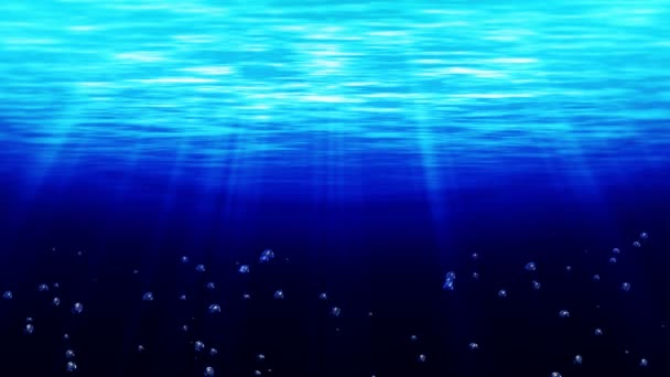 Bubbles Underwater Rising Water Surface Blue Ocean Illuminated Bright Rays — Stock Video