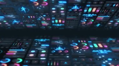 Koyu arkaplanda yoga uygulamasının yüksek teknoloji paneli. Spor ve egzersiz konsepti. UI, UX, GUI mobil ekranlar, modern bilgi ekranları. Döngü canlandırması.