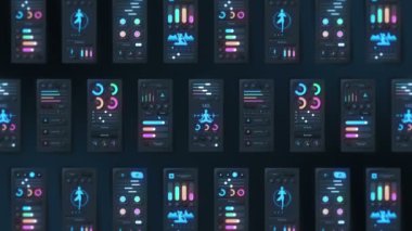 Koyu arkaplanda yoga uygulamasının yüksek teknoloji paneli. Spor ve egzersiz konsepti. UI, UX, GUI mobil ekranlar, modern bilgi ekranları. Döngü canlandırması.