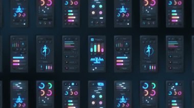Koyu arkaplanda yoga uygulamasının yüksek teknoloji paneli. Spor ve egzersiz konsepti. UI, UX, GUI mobil ekranlar, modern bilgi ekranları. Döngü canlandırması.