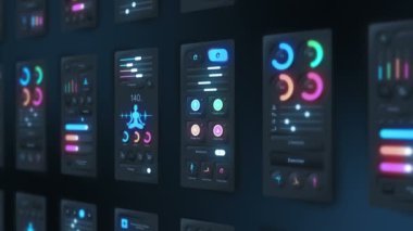 Koyu arkaplanda yoga uygulamasının yüksek teknoloji paneli. Spor ve egzersiz konsepti. UI, UX, GUI mobil ekranlar, modern bilgi ekranları. Döngü canlandırması.