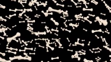 Siyah arka planda bir sürü kemik uçuyor. Köpek kemiği ikonu. Evcil hayvan maması. Dönen kemiklerin 3 boyutlu animasyonu. Döngü canlandırması.