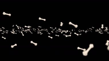 Siyah arka planda bir sürü kemik uçuyor. Köpek kemiği ikonu. Evcil hayvan maması. Dönen kemiklerin 3 boyutlu animasyonu. Döngü canlandırması.