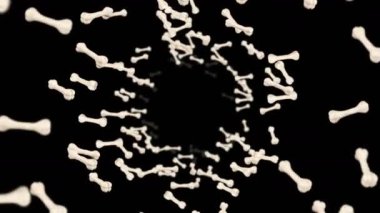 Siyah arka planda bir sürü kemik uçuyor. Köpek kemiği ikonu. Evcil hayvan maması. Dönen kemiklerin 3 boyutlu animasyonu. Döngü canlandırması.