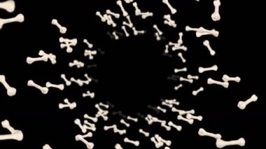 Siyah arka planda bir sürü kemik uçuyor. Köpek kemiği ikonu. Evcil hayvan maması. Dönen kemiklerin 3 boyutlu animasyonu. Döngü canlandırması.