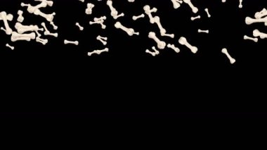 Siyah arka planda bir sürü kemik uçuyor. Köpek kemiği ikonu. Evcil hayvan maması. Dönen kemiklerin 3 boyutlu animasyonu. Döngü canlandırması.