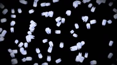 Siyah arka planda bir sürü beyaz diş uçuruyor. Diş bakımı konsepti. Diş dönüşünün 3 boyutlu animasyonu. Döngü canlandırması.