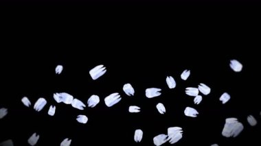 Siyah arka planda bir sürü beyaz diş uçuruyor. Diş bakımı konsepti. Diş dönüşünün 3 boyutlu animasyonu. Döngü canlandırması.