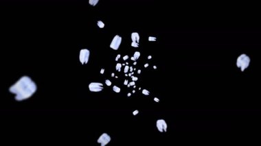 Siyah arka planda bir sürü beyaz diş uçuruyor. Diş bakımı konsepti. Diş dönüşünün 3 boyutlu animasyonu. Döngü canlandırması.