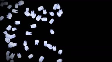 Siyah arka planda bir sürü beyaz diş uçuruyor. Diş bakımı konsepti. Diş dönüşünün 3 boyutlu animasyonu. Döngü canlandırması.