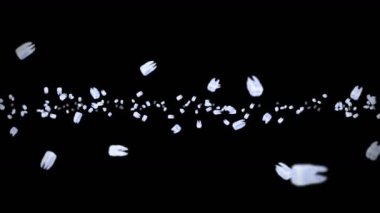 Siyah arka planda bir sürü beyaz diş uçuruyor. Diş bakımı konsepti. Diş dönüşünün 3 boyutlu animasyonu. Döngü canlandırması.