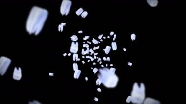 Siyah arka planda bir sürü beyaz diş uçuruyor. Diş bakımı konsepti. Diş dönüşünün 3 boyutlu animasyonu. Döngü canlandırması.