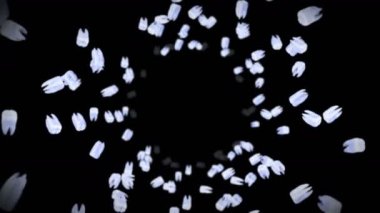 Siyah arka planda bir sürü beyaz diş uçuruyor. Diş bakımı konsepti. Diş dönüşünün 3 boyutlu animasyonu. Döngü canlandırması.