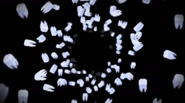 Siyah arka planda bir sürü beyaz diş uçuruyor. Diş bakımı konsepti. Diş dönüşünün 3 boyutlu animasyonu. Döngü canlandırması.