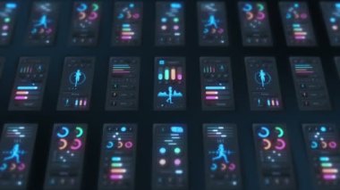 Karanlık arka planda yüksek teknoloji fitness uygulaması. Koşu ve spor konsepti. UI, UX, GUI mobil ekranlar, modern bilgi ekranları. Döngü canlandırması.