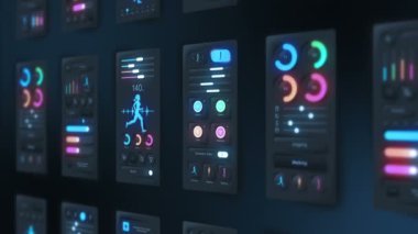 Karanlık arka planda yüksek teknoloji fitness uygulaması. Koşu ve spor konsepti. UI, UX, GUI mobil ekranlar, modern bilgi ekranları. Döngü canlandırması.
