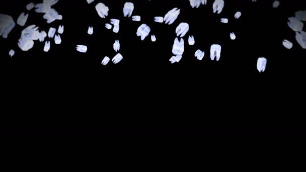 Летит Много Белых Зубов Черном Фоне Концепция Стоматологической Помощи Анимация — стоковое видео