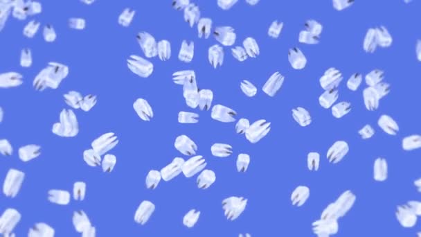 Viele Weiße Zähne Auf Blauem Hintergrund Zahnpflegekonzept Animation Des Rotierenden — Stockvideo