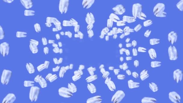 在蓝色的背景上飞行着许多白牙 牙科护理的概念 3D动画的牙齿旋转 循环动画 — 图库视频影像