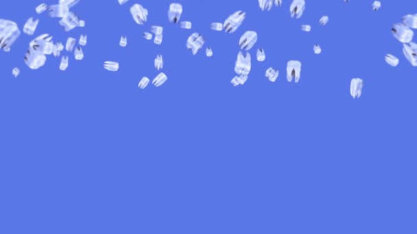 青い背景に多くの白い歯を飛んでいます 歯科医療の概念 歯が回転する3Dアニメーション ループアニメーション — ストック動画