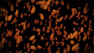 Siyah arka planda bir sürü badem cevizi uçurmak. Yiyecekler, sağlıklı yiyecekler, diyet. Badem dönüşünün 3 boyutlu animasyonu. Döngü canlandırması.